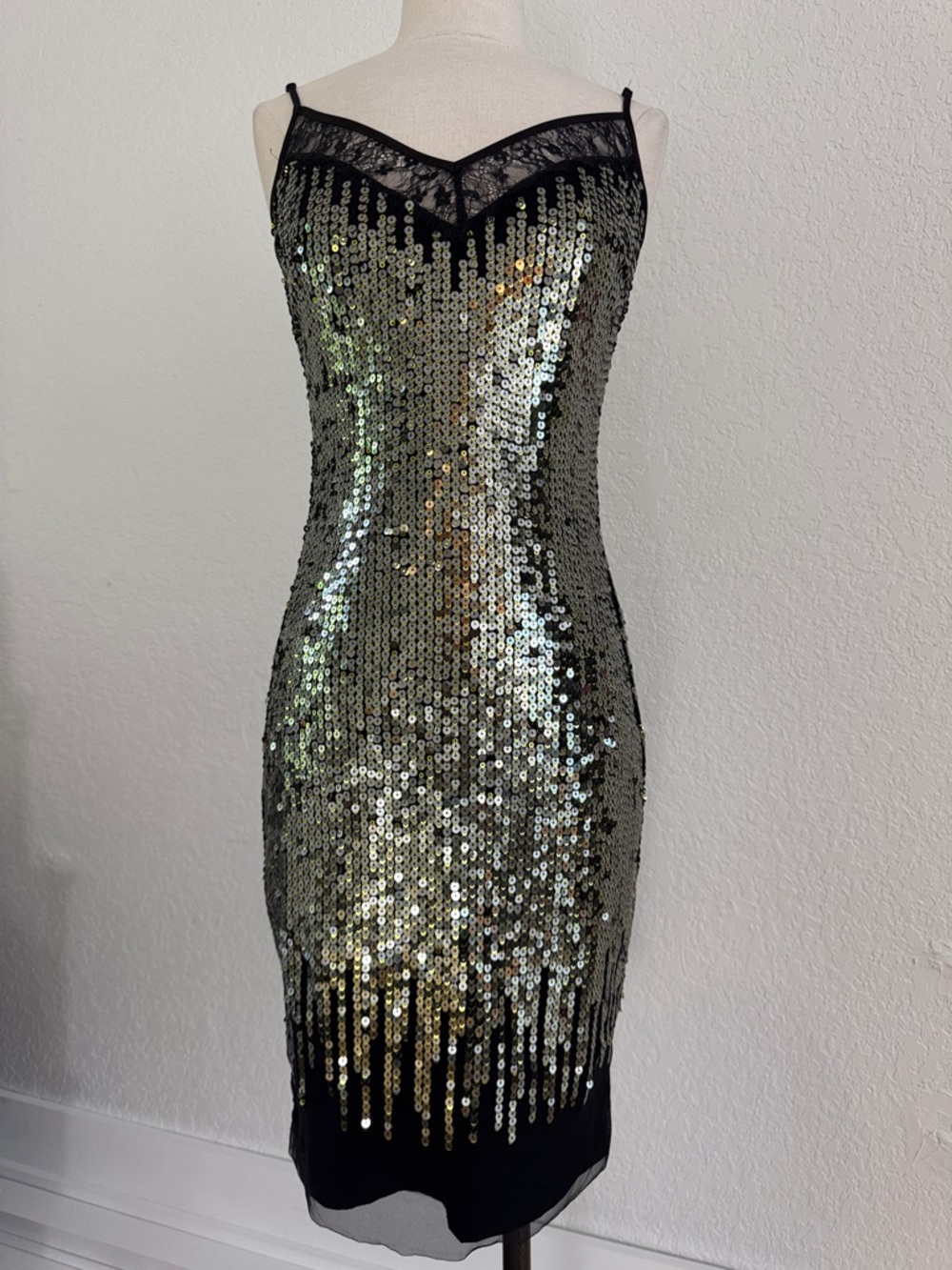 bebe Black Slip Dress with Gold Sequins